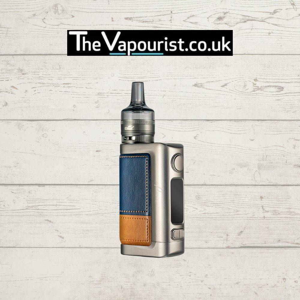 Eleaf iStick Power 2 Kit - 5000mAh built in battery in silver with blue and brown leather grip. Stylish high-performance vape device for long-lasting use.