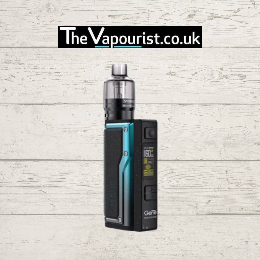 VooPoo Argus GT Kit in teal and black with dual 18650 battery setup, displayed on a rustic wood background for high-performance vaping.