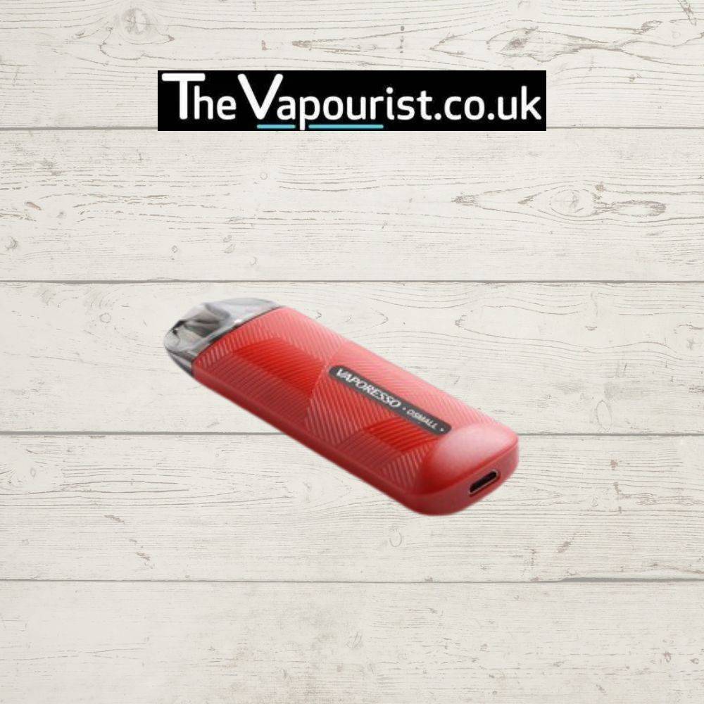 Vaporesso Osmall Pod Kit in red color, a lightweight and pocket-friendly vape ideal for beginners, displayed on a rustic white wooden background.