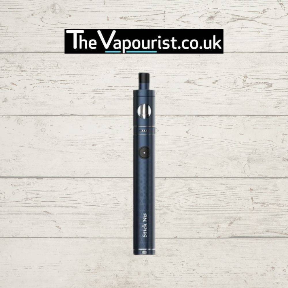 SMOK Stick N18 Kit in blue with built-in 1300mAh battery, displayed vertically on rustic wood background. Compact vape pen ideal for beginners.