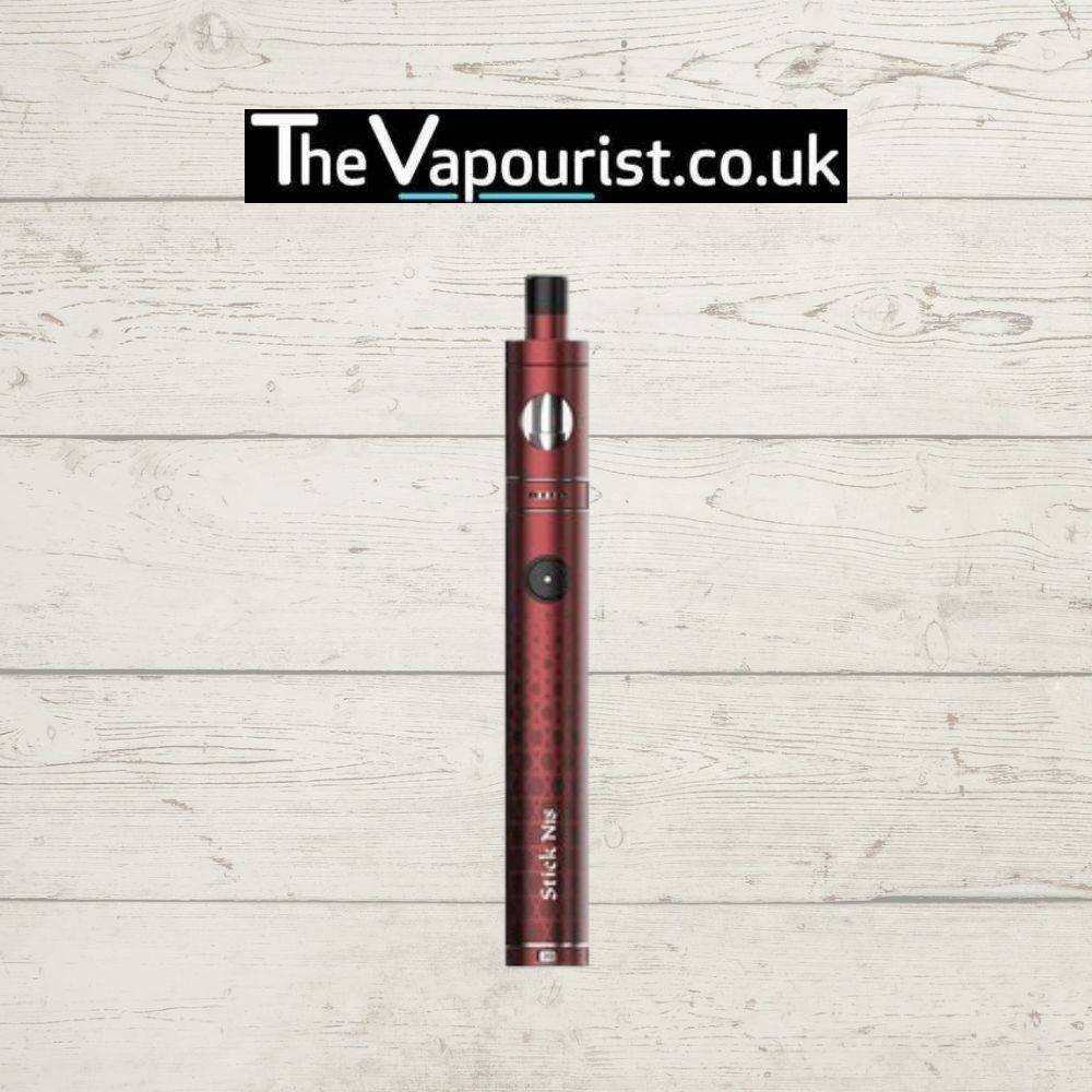 Red SMOK Stick N18 Kit with integrated 1300mAh battery, standing upright on a rustic wood surface. Compact and easy-to-use vape kit for new users.