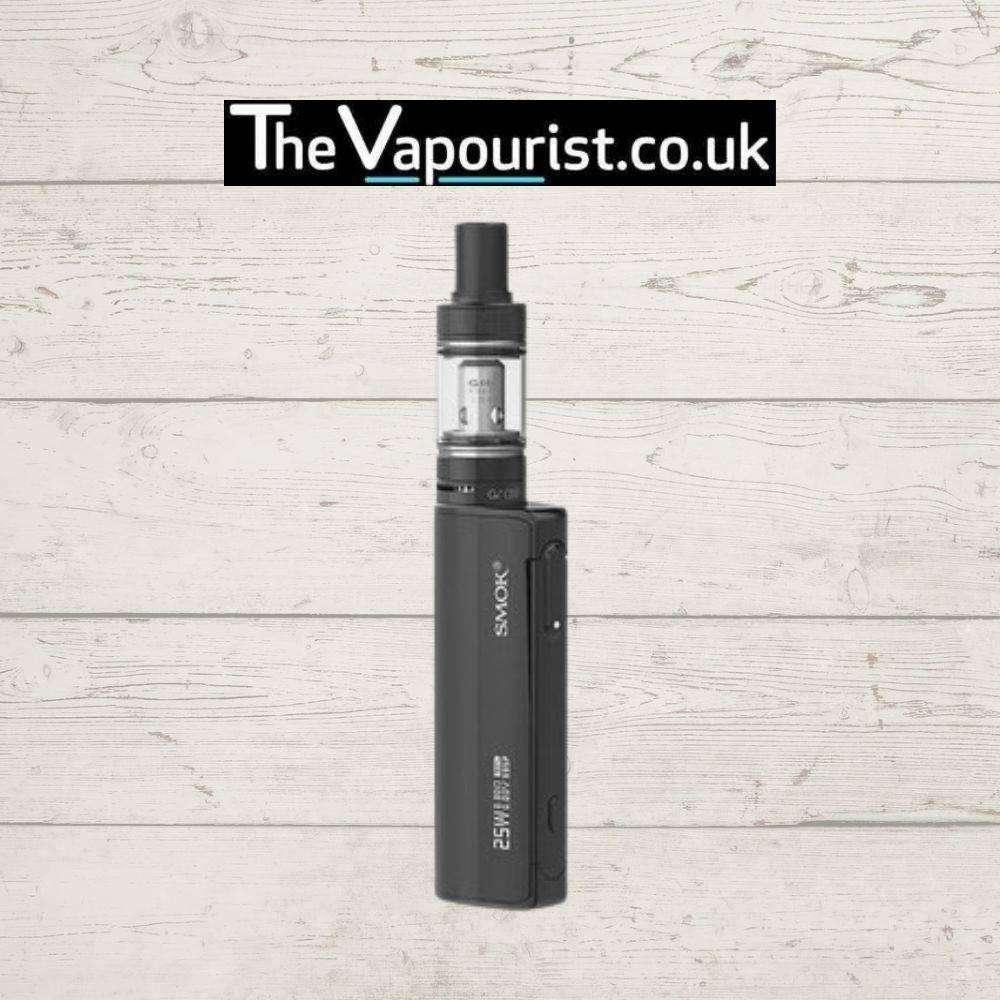 Close-up of SMOK Gram 25 Kit in matte black. Ultra portable and easy to use vape kit designed for mouth to lung vaping.