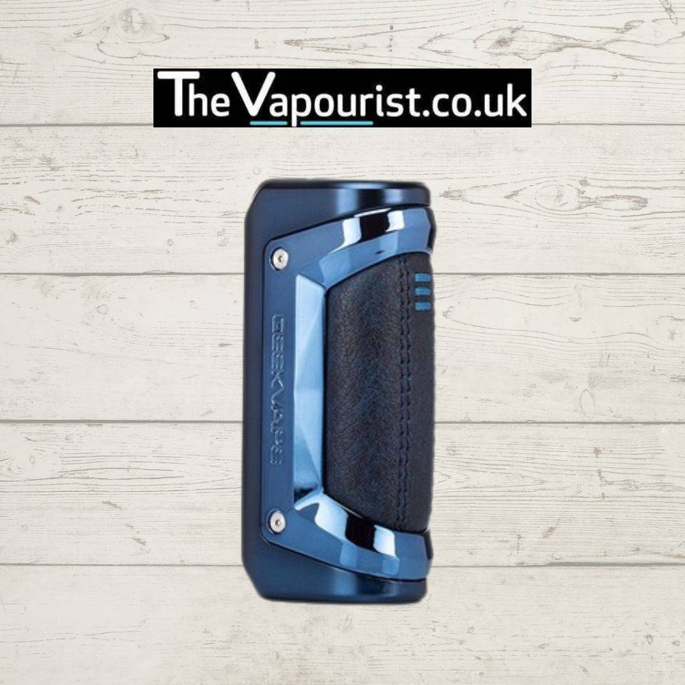 GEEKVAPE S100 Battery Mod in metallic blue with leather grip, combining style and durability for vapers seeking versatility and comfort.