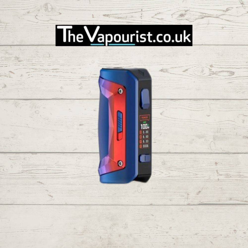 GEEKVAPE S100 Battery Mod in red and blue with visible display screen, designed for high performance and customizable 100W vaping output.