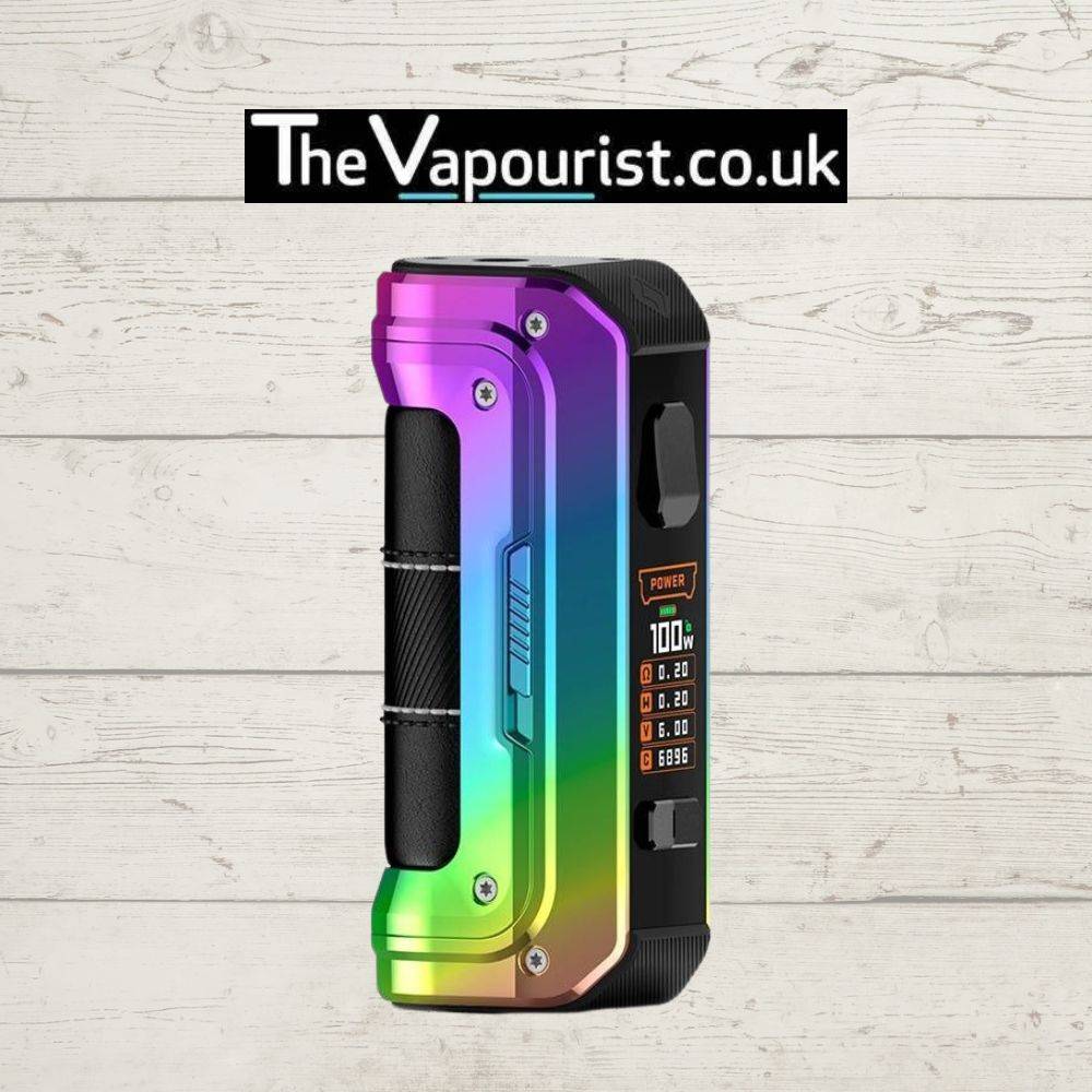 GEEKVAPE Aegis Max 2 Battery Mod in rainbow finish with 100W display, combining vibrant style with high performance and durability for vapers.