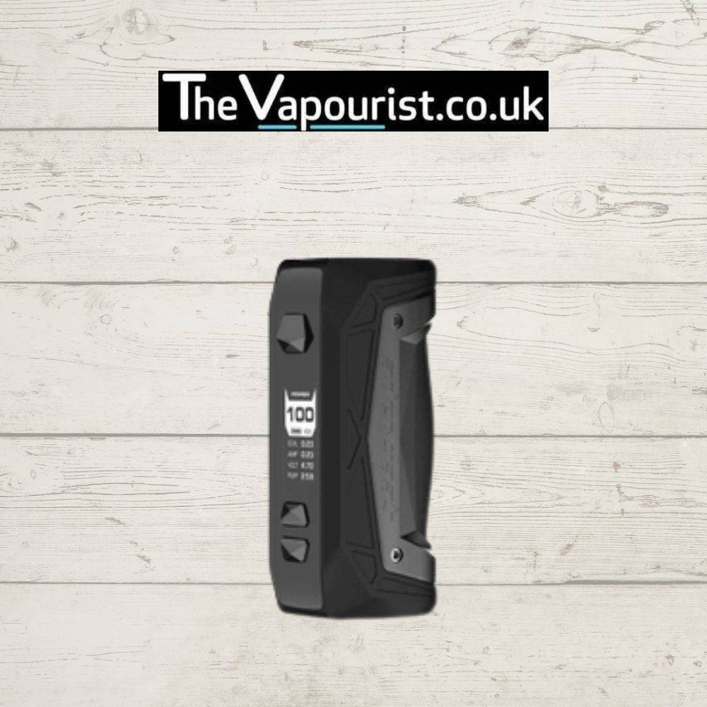 Black GEEKVAPE Aegis Max Mod with 100W output shown on rustic wood background, featured by TheVapourist.co.uk.