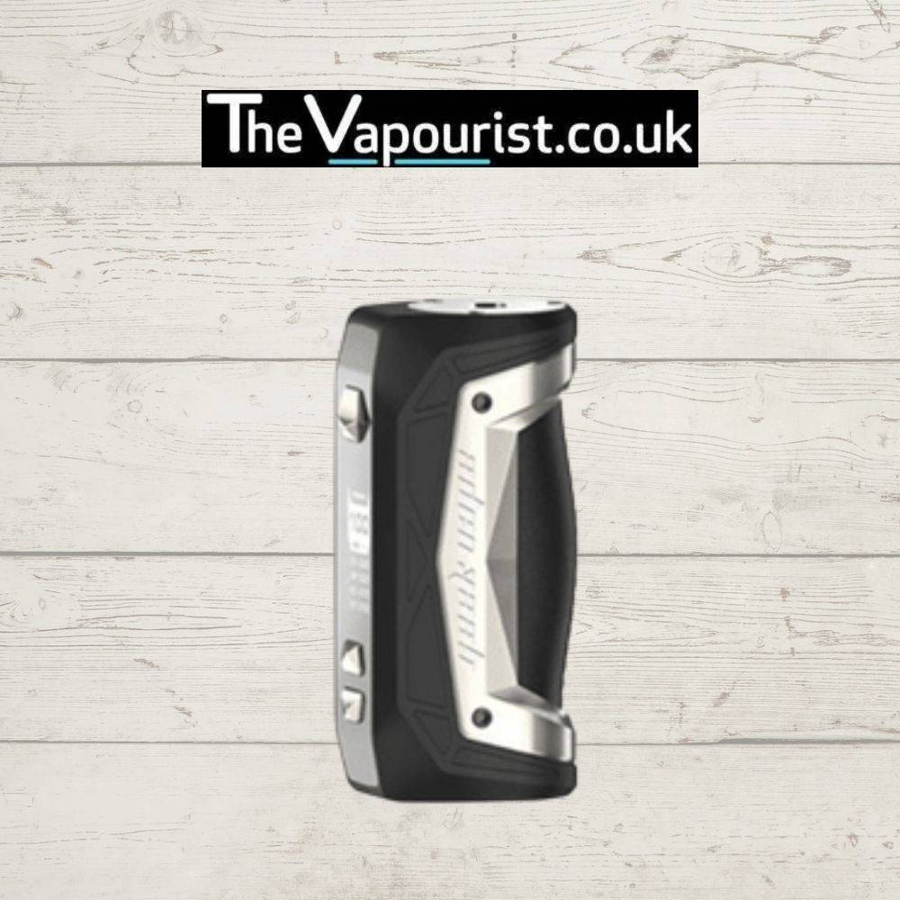 GEEKVAPE Aegis Max Mod in silver and black finish, delivering up to 100W of output, displayed on TheVapourist.co.uk background.
