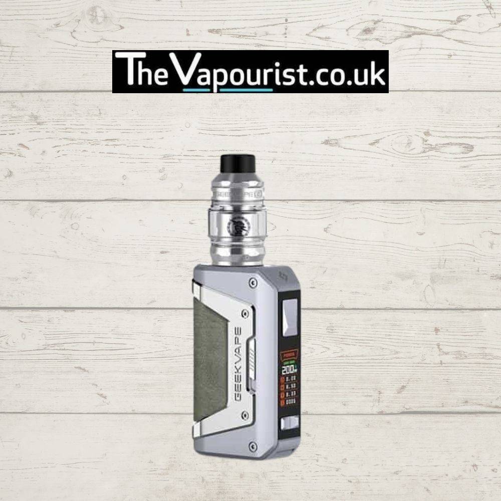 Silver GEEKVAPE Aegis Legend 2 L200 200W Kit with green grip and Zeus Tank, built for power and durability, available at The Vapourist.co.uk.
