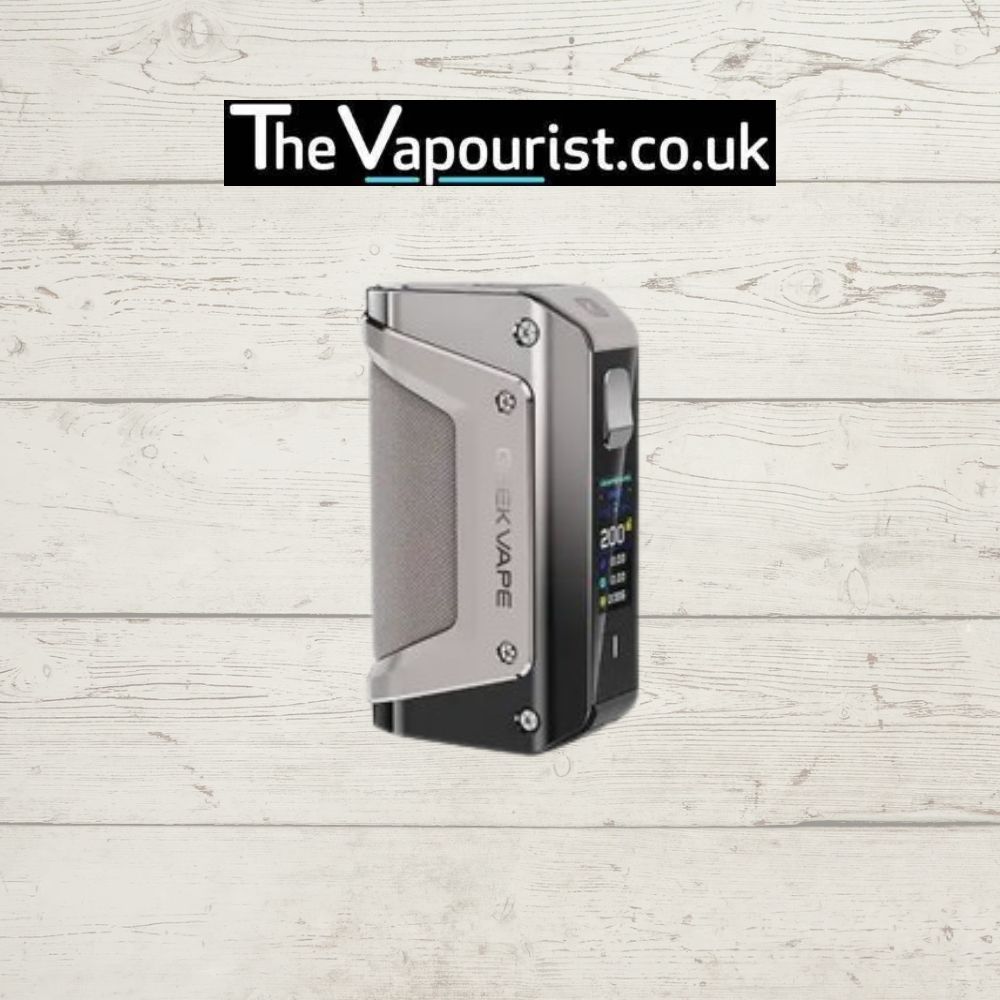 Side view of GEEKVAPE Aegis Legend 3 Battery Mod in silver and black, featuring a digital display and ergonomic grip for powerful vaping.