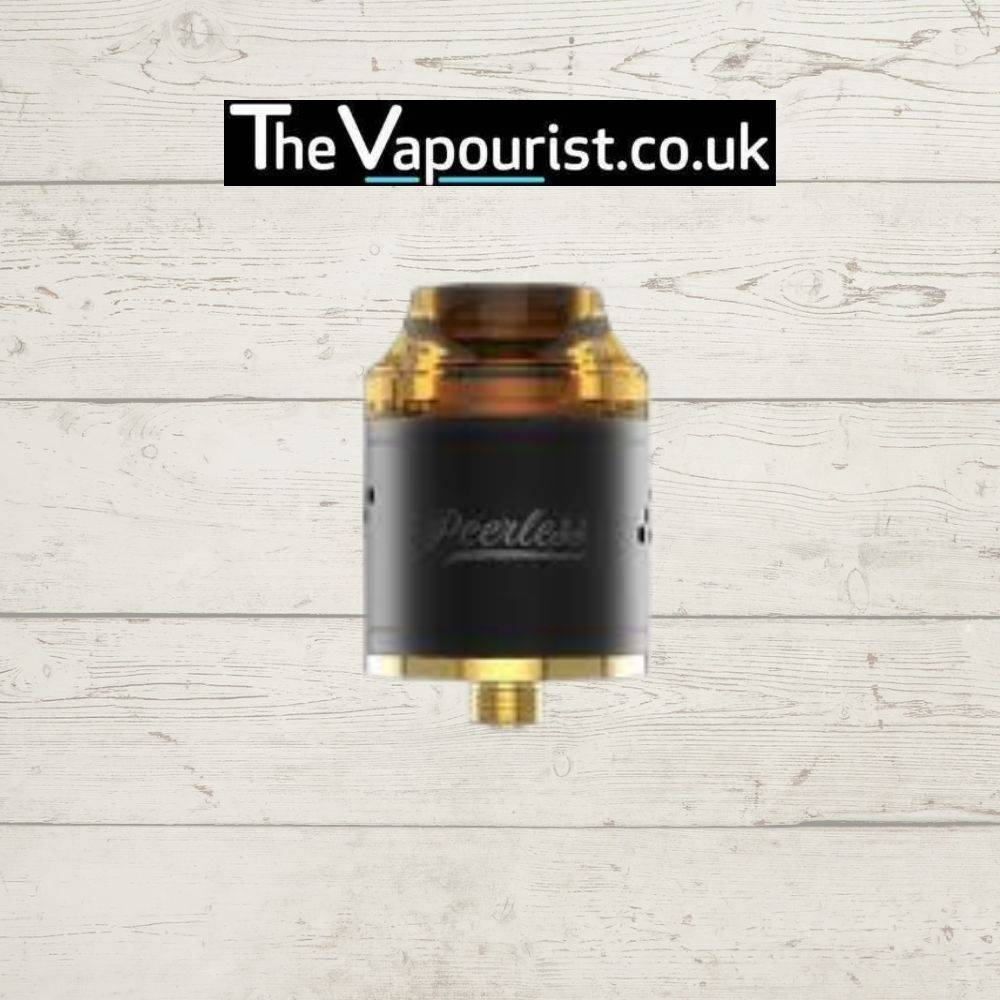 GEEKVAPE Peerless RDA in black finish, engineered for superior cloud and flavour output, featured on The Vapourist.co.uk.