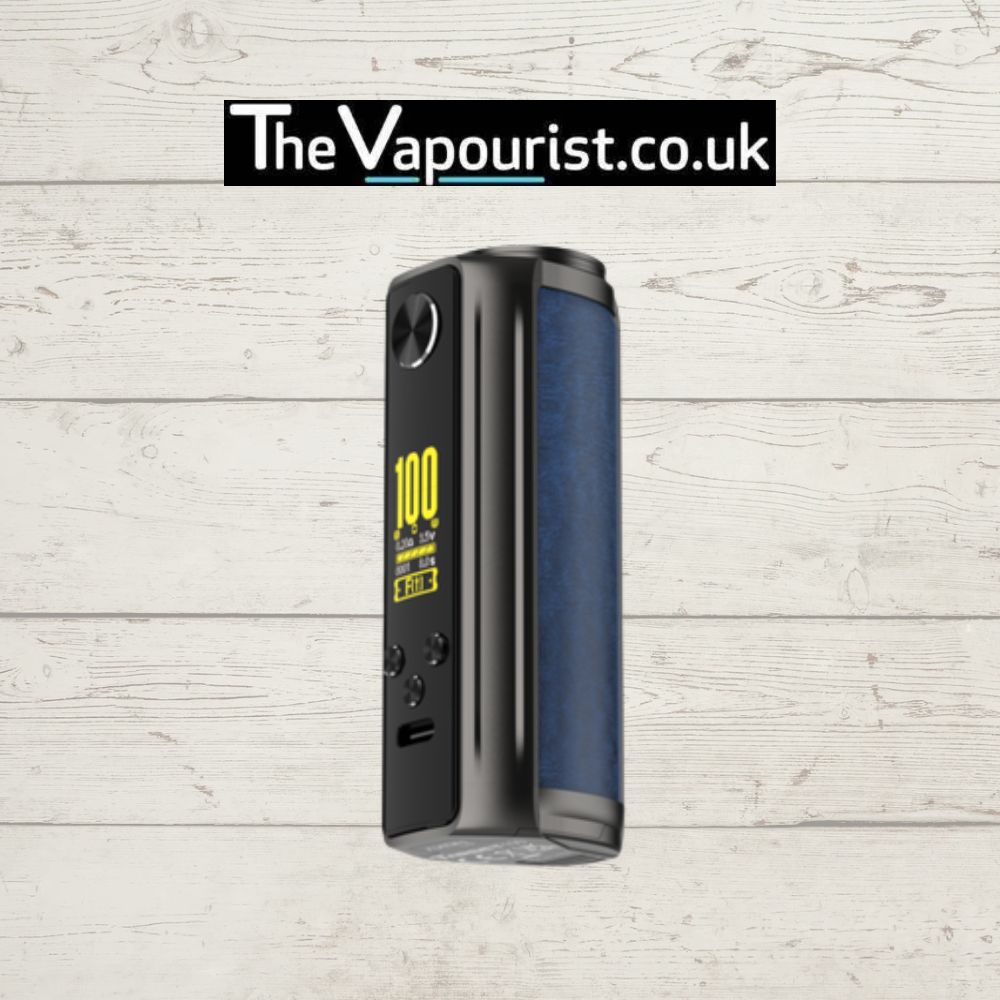 Vaporesso Target 100 Mod in blue leather finish, featuring a digital screen and 100W max output. Premium mod for e-liquid vaping enthusiasts.