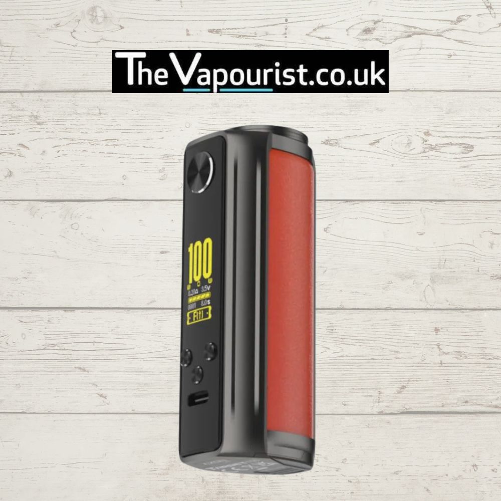 Vaporesso Target 100 Mod in red leather finish with 100W output, displayed upright for high-performance vaping. Ideal for advanced e-liquid users.