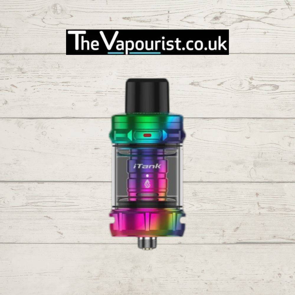 Vaporesso Itank 2 sub-ohm tank in rainbow finish with slide-to-open top-fill system, ideal for flavour and cloud production.