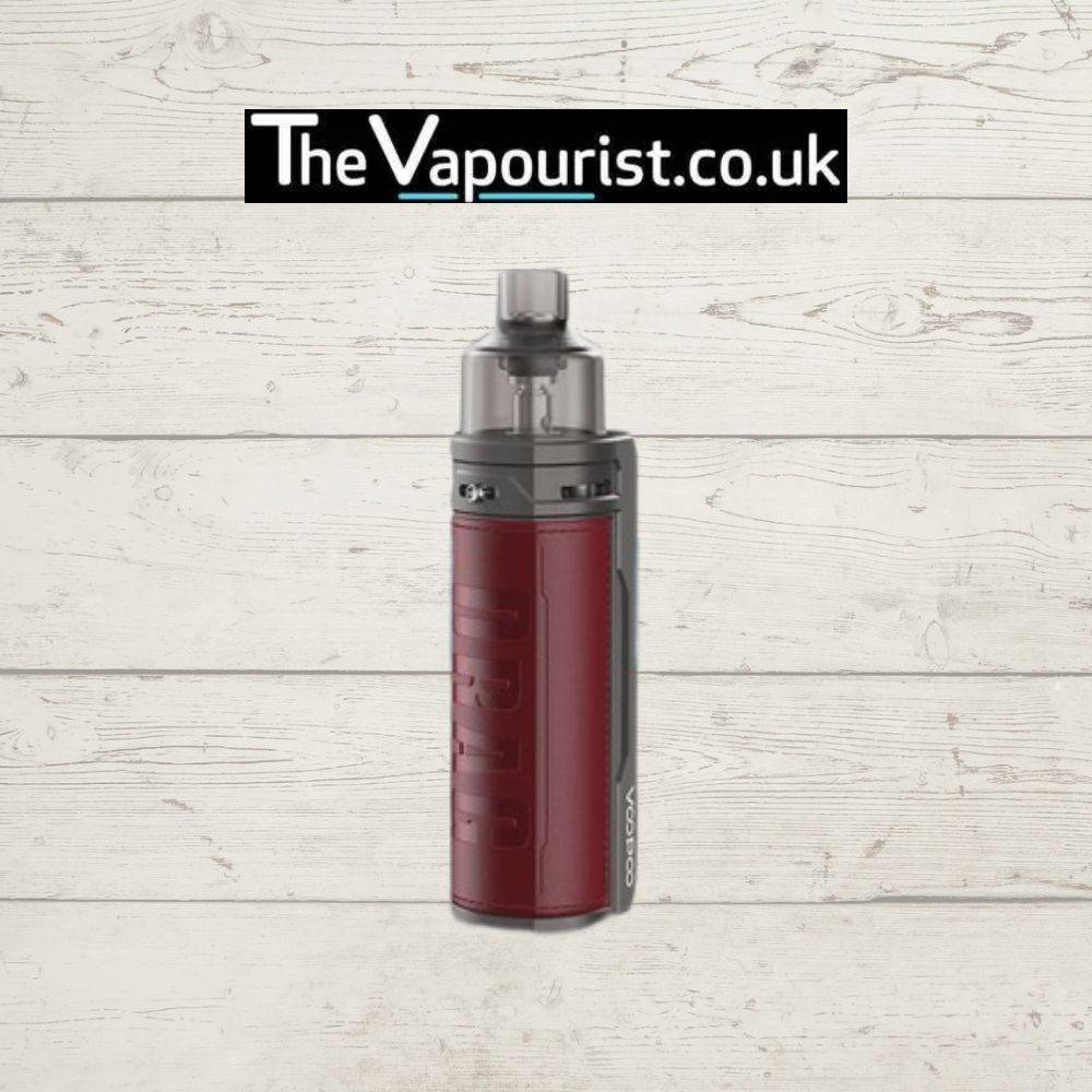 Voopoo Drag S Vape Kit in red leather finish, featuring a compact design with adjustable wattage and PnP pod system for high performance vaping.