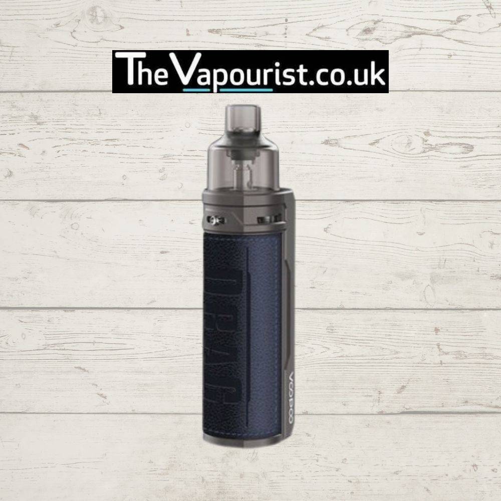 Voopoo Drag S Vape Kit in navy blue leather, combining high performance with a compact design and adjustable wattage for a premium vape experience.
