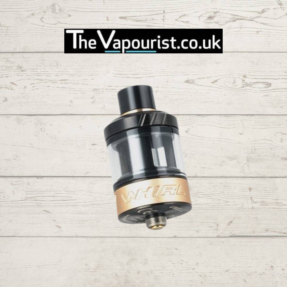 Uwell Whirl 22 Tank compact and user-friendly vape tank in black and gold, offering stylish design and efficient airflow for MTL and DTL use.