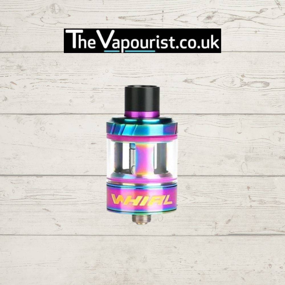 Uwell Whirl 22 Tank compact and user-friendly vape tank in rainbow finish, ideal for MTL and restricted DTL vaping, displayed on wood background.