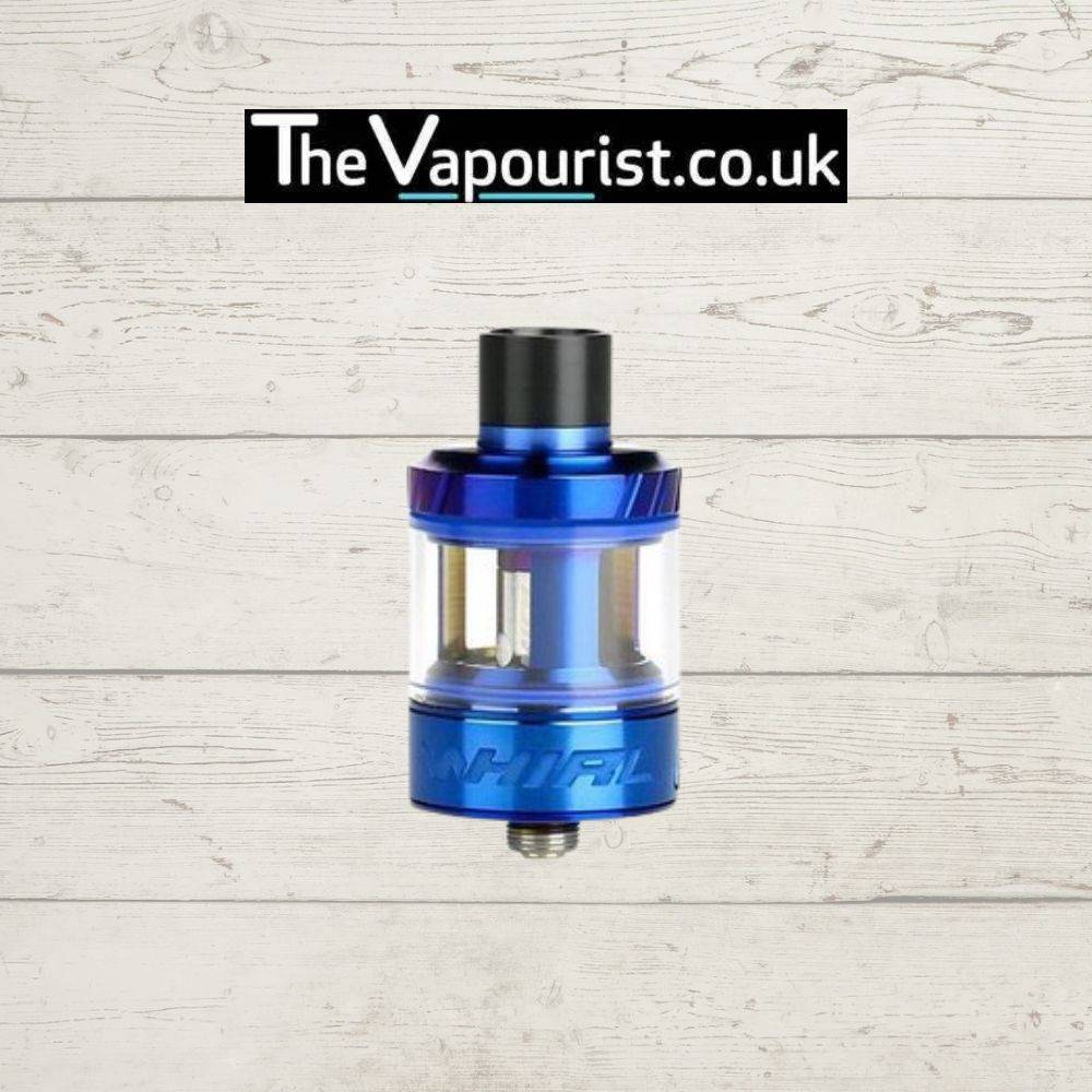 Uwell Whirl 22 Tank compact and user-friendly vape tank in metallic blue, designed for smooth MTL and DTL vaping, shown with clear glass chamber.