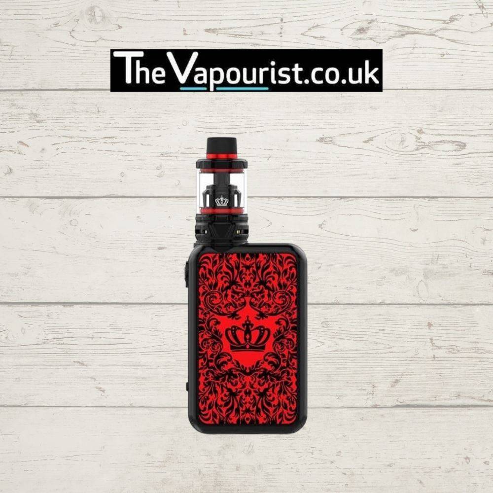 Uwell Crown IV 4 Kit - Dual Battery Sub-Ohm Power Kit in red and black with crown emblem, shown against a rustic white wood background.