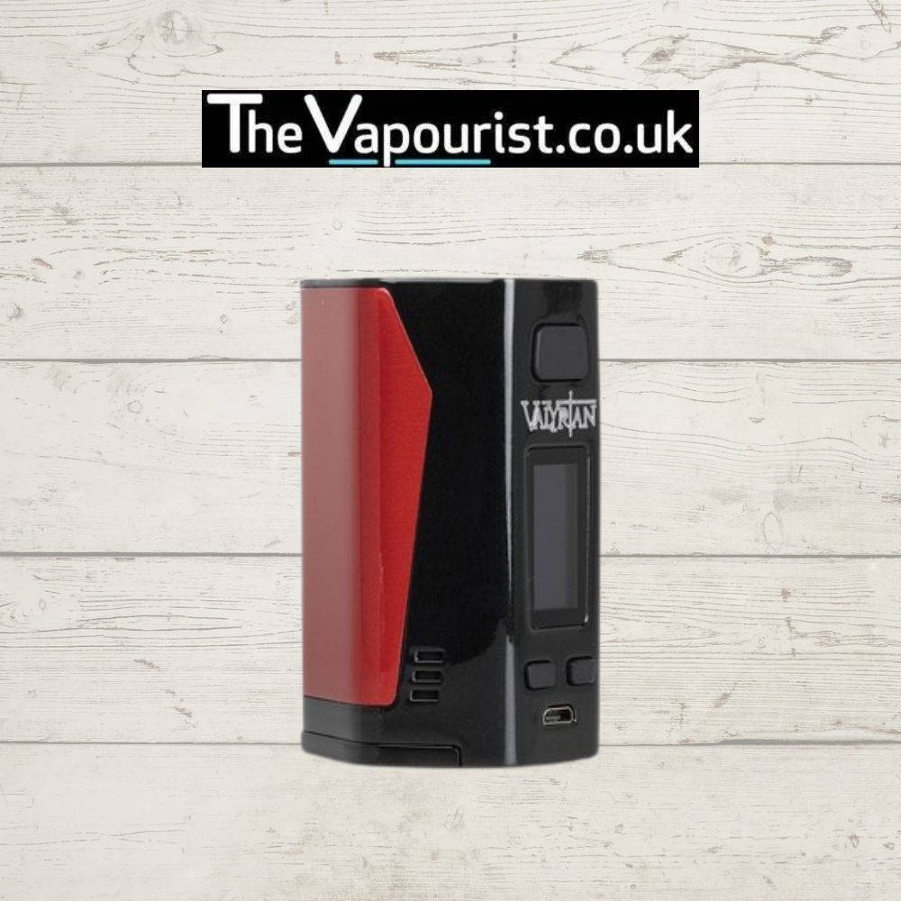 Red and black Uwell Valyrian 2 Mod with 200W power, dual 18650 battery slots, and user-friendly interface for high-performance vaping.