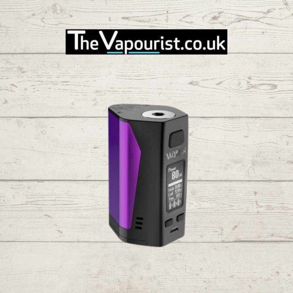 Uwell Valyrian 2 Mod in black and purple finish with 200W output, dual 18650 battery support, and OLED screen for sub-ohm vaping performance.
