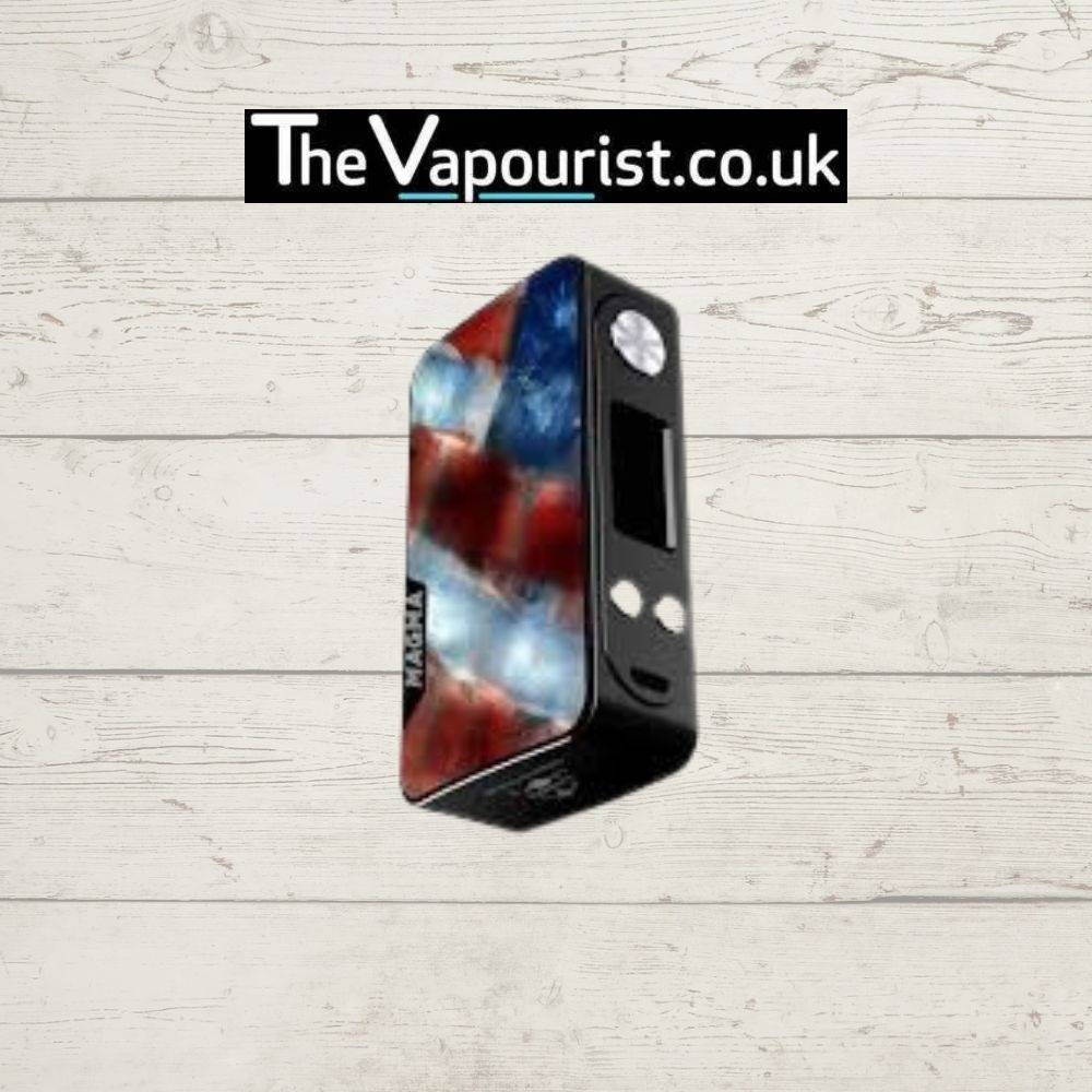 Famovape Magma Mod - Dual 18650 Battery Box with abstract red, white, and blue resin panel. Stylish 200W vape mod for advanced users.