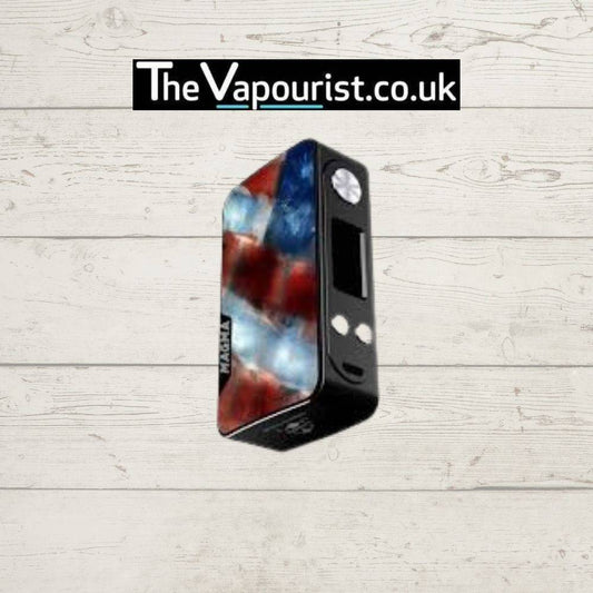 Famovape Magma Mod - Dual 18650 Battery Box with abstract red, white, and blue resin panel. Stylish 200W vape mod for advanced users.