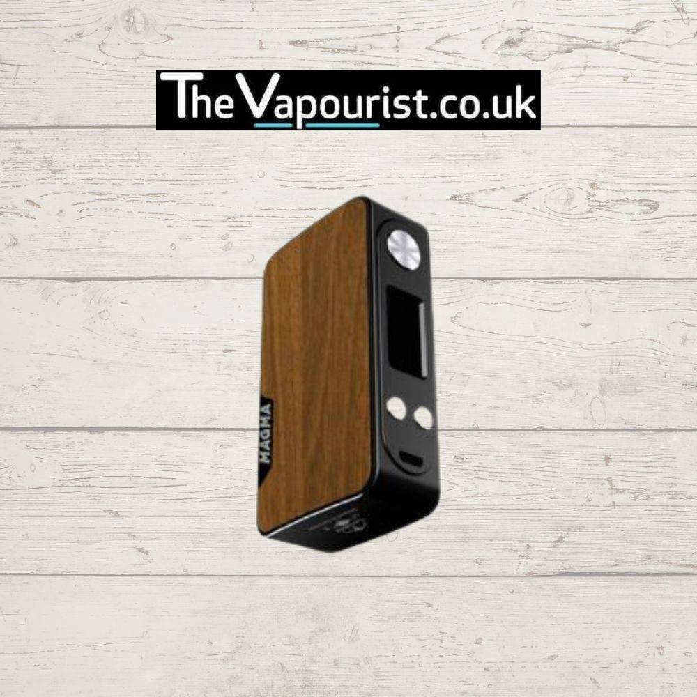 Famovape Magma Mod - Dual 18650 Battery Box featuring a wood grain panel. 200W vape mod with elegant natural design.
