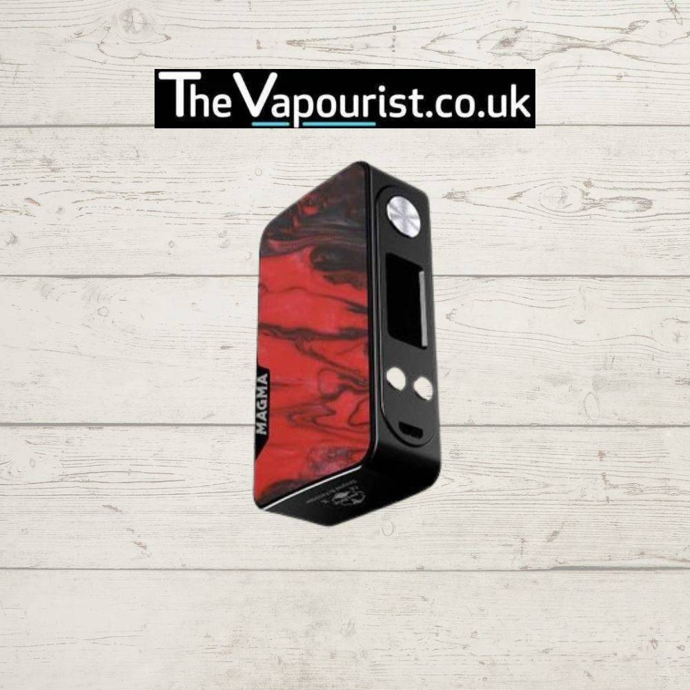 Famovape Magma Mod - Dual 18650 Battery Box in red and black resin design. Powerful 200W vape mod for cloud chasers.