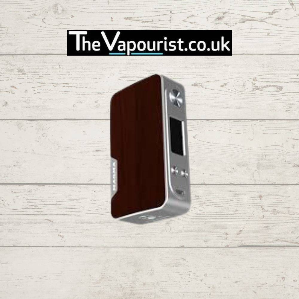 Famovape Magma Mod - Dual 18650 Battery Box in dark wood finish. Elegant 200W vape mod with premium wooden panel.