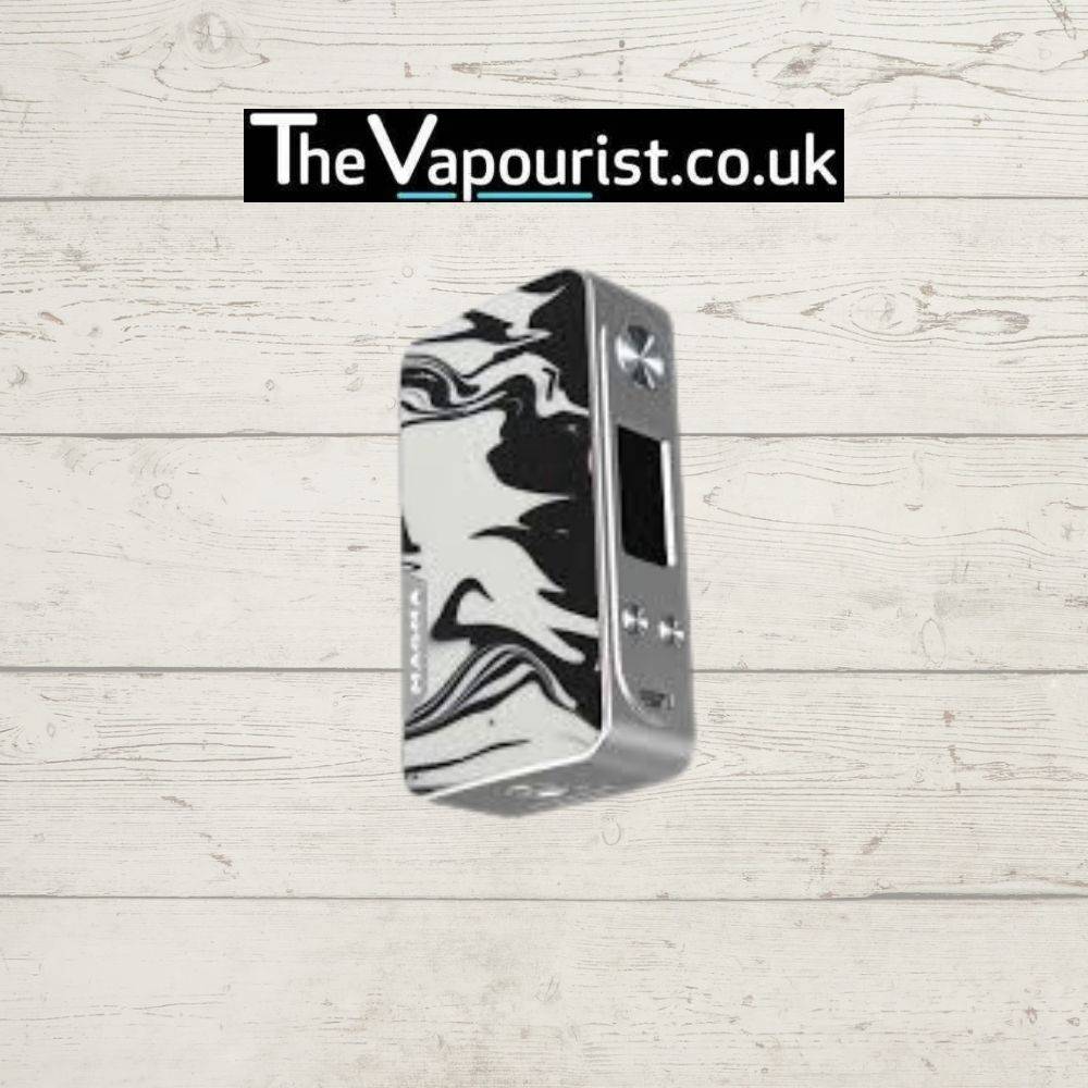 Famovape Magma Mod - Dual 18650 Battery Box in black and white swirl resin. 200W vape mod with bold monochrome design.