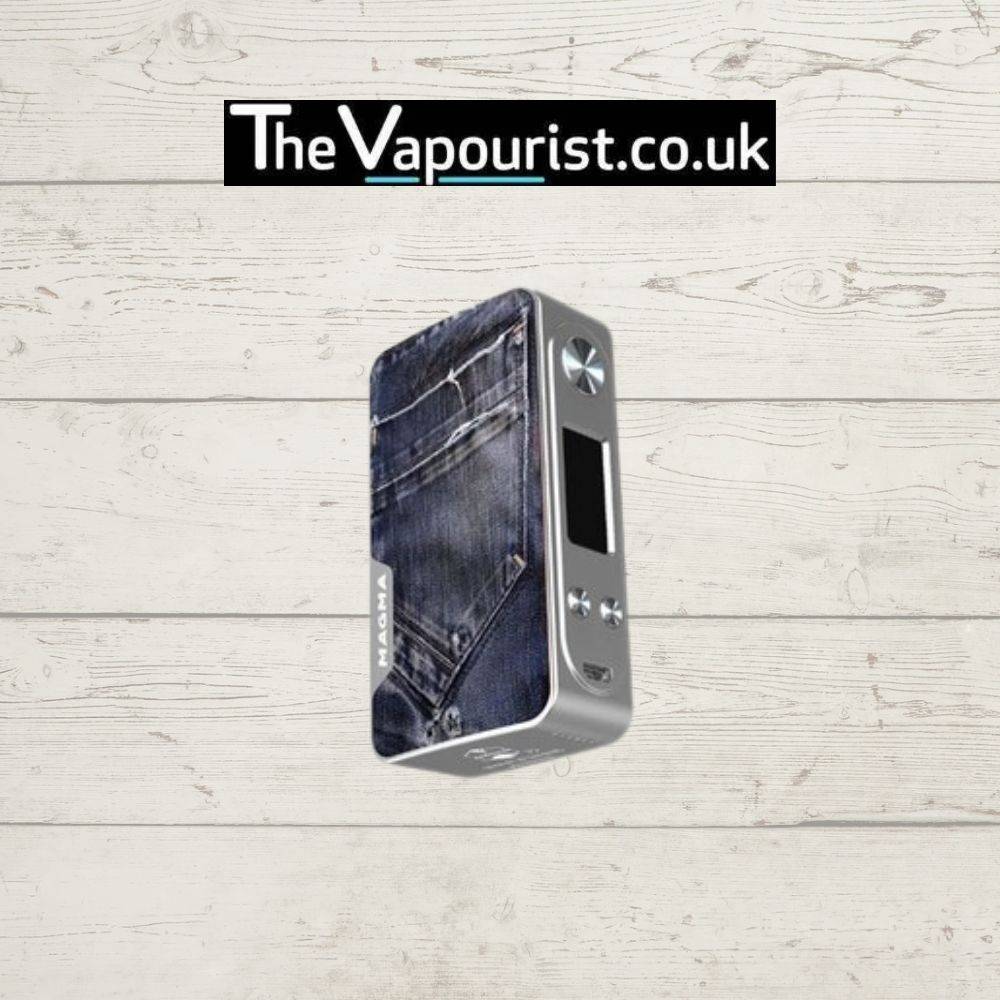 Famovape Magma Mod - Dual 18650 Battery Box in denim jeans texture. 200W vape mod with unique casual fabric look.