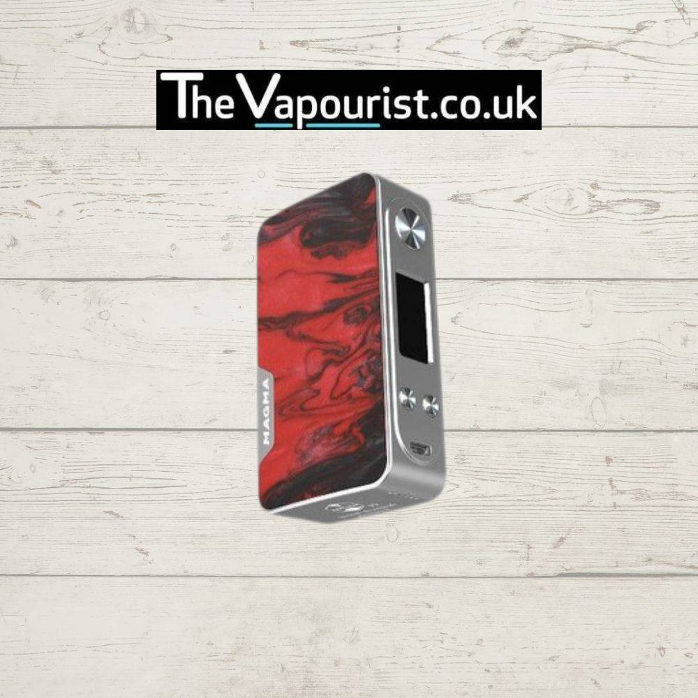 Famovape Magma Mod - Dual 18650 Battery Box in red resin with silver frame. Stylish 200W vape mod for flavor and clouds.