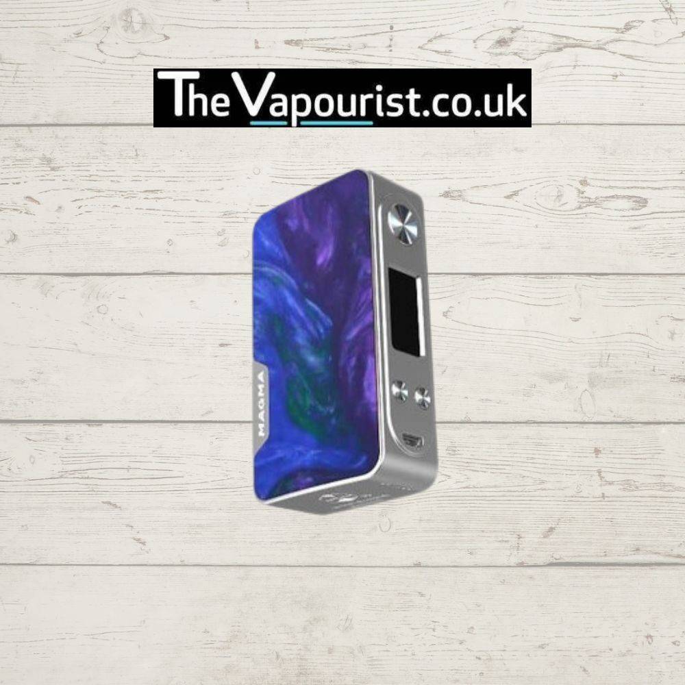 Famovape Magma Mod - Dual 18650 Battery Box with blue and purple swirl resin. 200W vape mod with vibrant artistic finish.