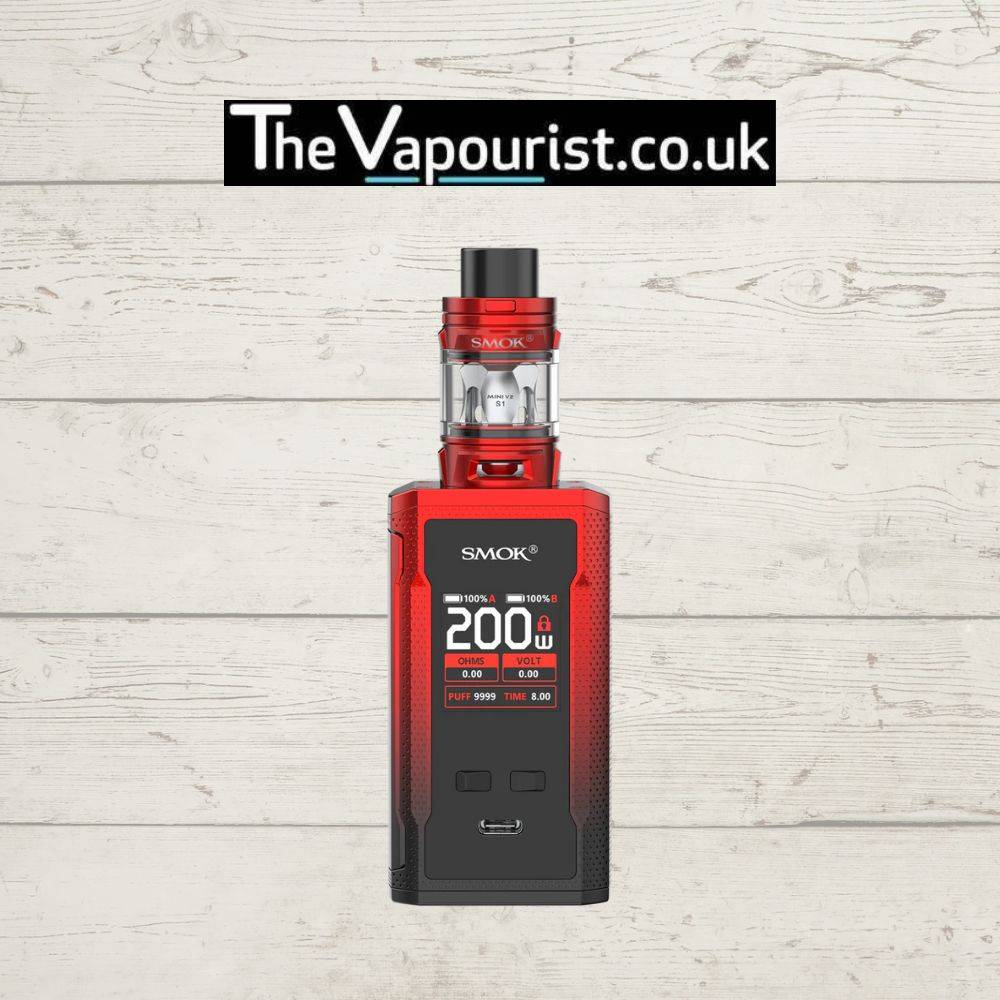 SMOK RKiss 2 Kit in red with TFV Mini V2 Tank, featuring dual 18650 battery support and 200W power on a rustic wood background.