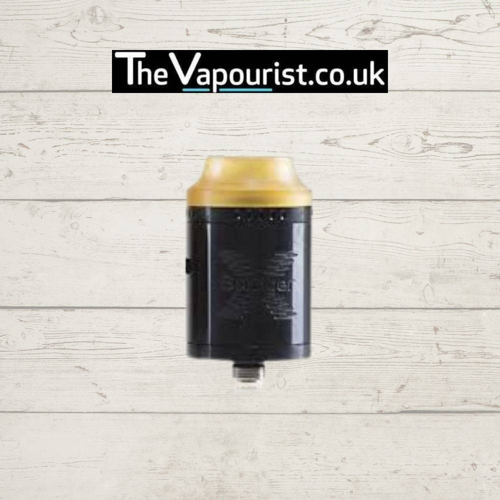 Black Tigertek Springer X RDA showcasing a sleek design with spring-loaded clamp deck and heat-resistant Ultem drip tip for efficient vaping.