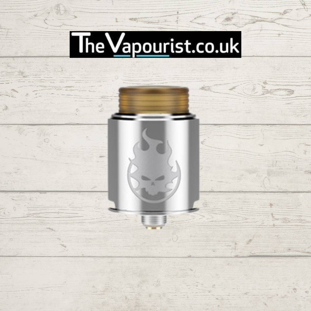 Vandy Vape Phobia RDA - 24mm rebuildable dripping atomiser in stainless steel finish with engraved skull logo, ideal for flavour-focused vaping.