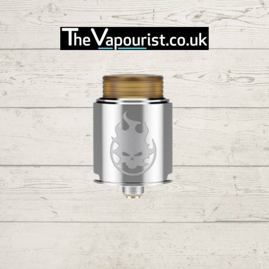 Vandy Vape Phobia RDA - 24mm rebuildable dripping atomiser in stainless steel finish with engraved skull logo, ideal for flavour-focused vaping.