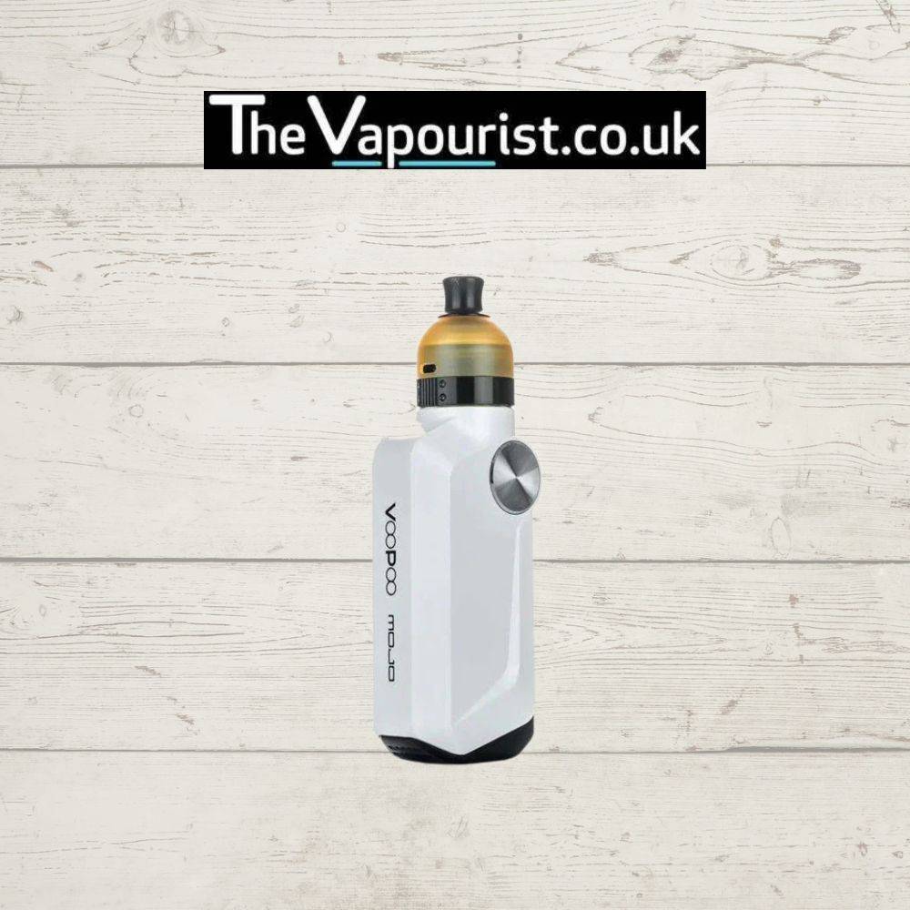 Voopoo Mojo RDA Kit in white with built-in battery and micro USB charging, displayed on rustic wood background for compact vape category.
