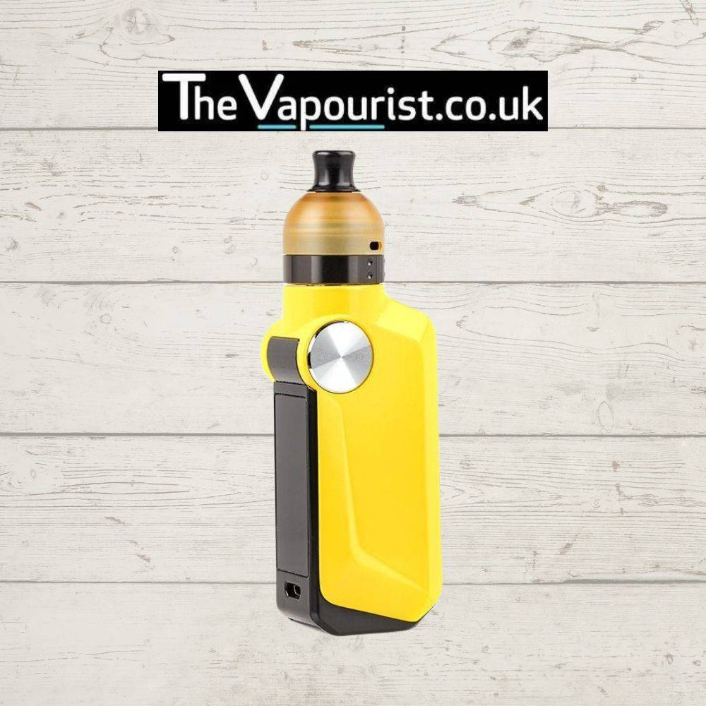 Yellow Voopoo Mojo RDA Kit featuring ergonomic design, RDA system, and built-in battery, ideal for customizable vaping experience.