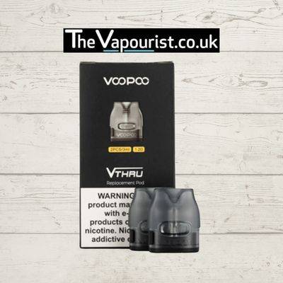 Voopoo Vthru & Vmate Pods 2 Pack - Refillable & high performance replacement pods with 1.2ml capacity, displayed in front of branded packaging.
