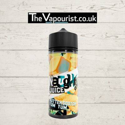Naughty Juice Butterscotch Yum Yum 100ml vape e-liquid bottle with rich dessert imagery, ideal for sweet-toothed vapers seeking a decadent dessert vape.
