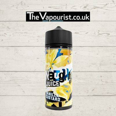 Naughty Juice 100ml vape liquid Vanilla Custard vape bottle with bold label design featuring vanilla flowers and custard swirls, ideal for dessert vape lovers.