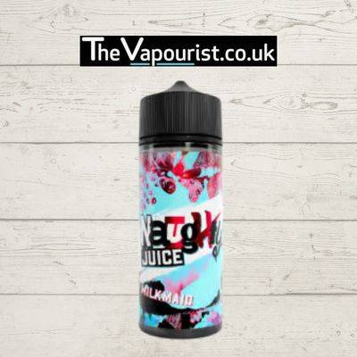 Naughty Juice 100ml Milkmaid e-liquid bottle with vibrant pink and blue label, offering a creamy vape flavor without being overly sweet.
