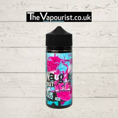 Naughty But Ice Blue Razz Ice 100ml vape bottle with vibrant blue and pink label, offering sweet and tangy blue raspberry and menthol flavor.