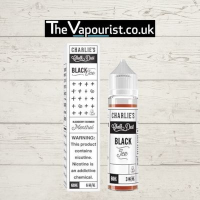 White Label Black Ice 50ml vape juice by Charlie's Chalk Dust, featuring blackcurrant and menthol blend, displayed with branded packaging.