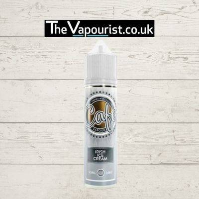 Cafe Vapour Irish Ice Cream 50ml e-liquid bottle featuring creamy dessert flavour with vanilla and Irish whiskey notes, ideal for vaporizers.