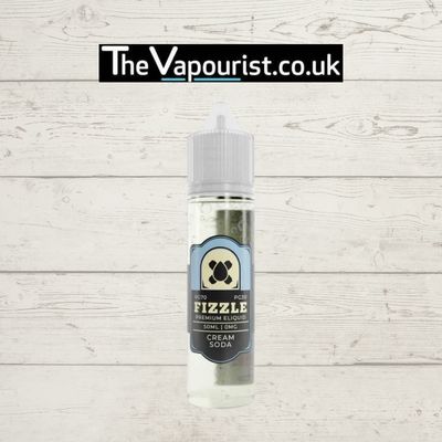 Fizzle Cream Soda 50ml vape juice bottle with fizzy soda and creamy sweetness flavor, displayed against a rustic white wooden background.