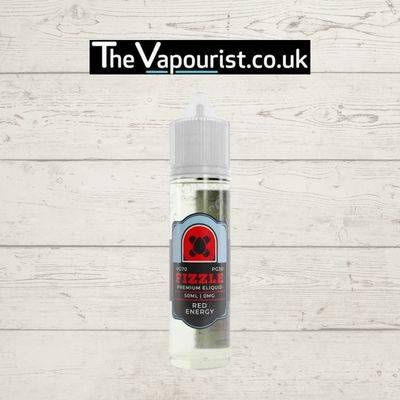 Fizzle Red Energy 50ml vape juice with classic red energy drink flavor, displayed against a rustic white wooden background for The Vapourist.co.uk.