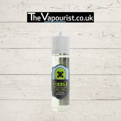 Fizzle Green Energy 50ml vape juice with energy drink-inspired flavour, displayed against a rustic white wood background for The Vapourist.co.uk.